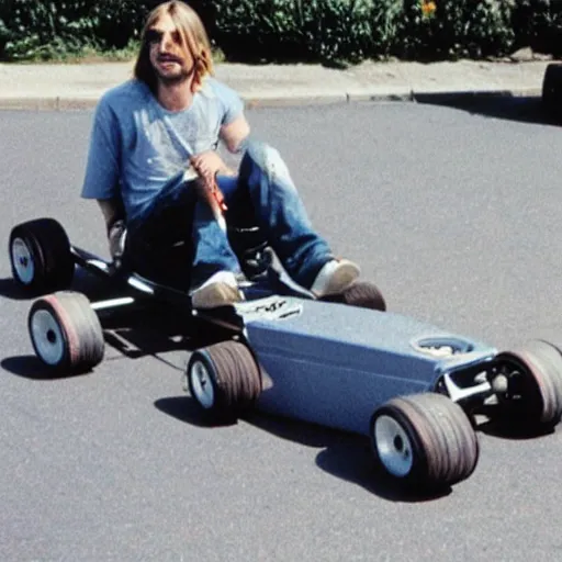 Image similar to Happy Kurt Cobain driving a go kart with his friends