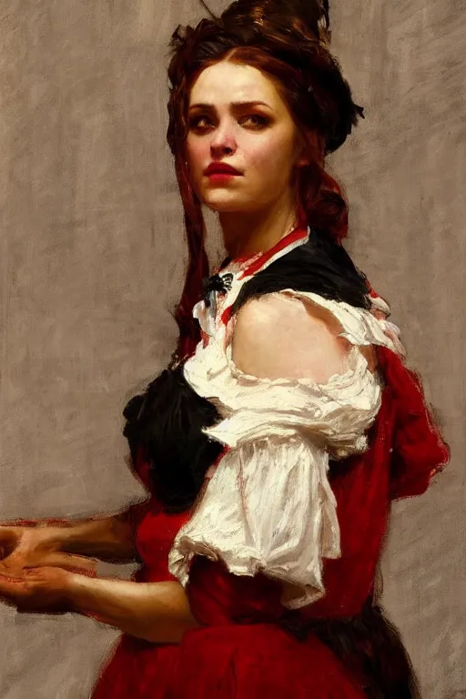 Image similar to Solomon Joseph Solomon and Richard Schmid and Jeremy Lipking victorian genre painting full length portrait painting of a young beautiful woman traditional german barmaid in fantasy costume, red background