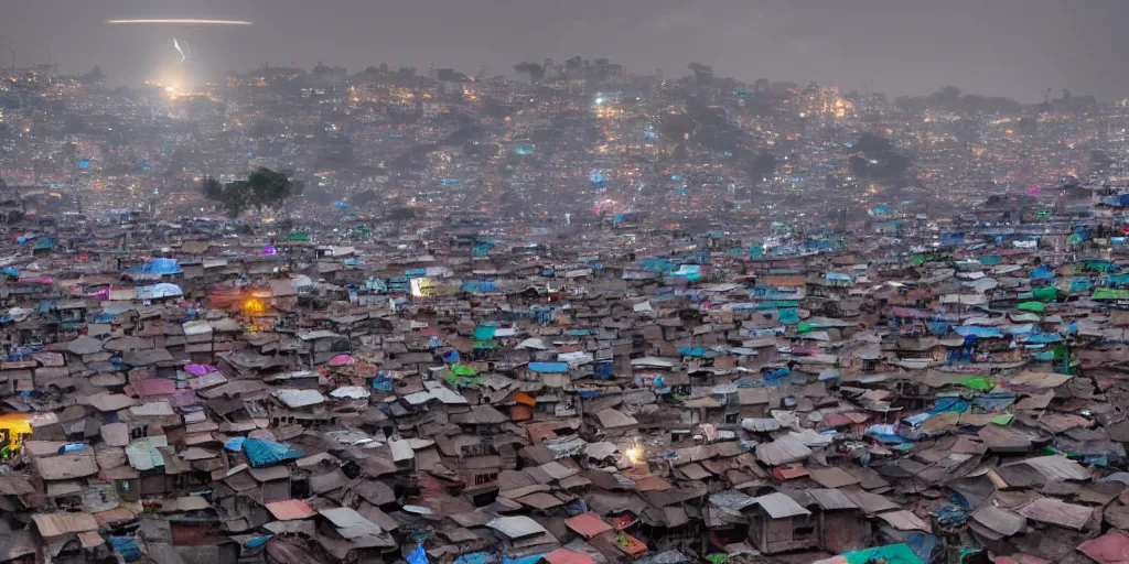 Image similar to large UFO over Ajegunle slums of lagos beaming neon rays of light, wide angle, Gold hour light,