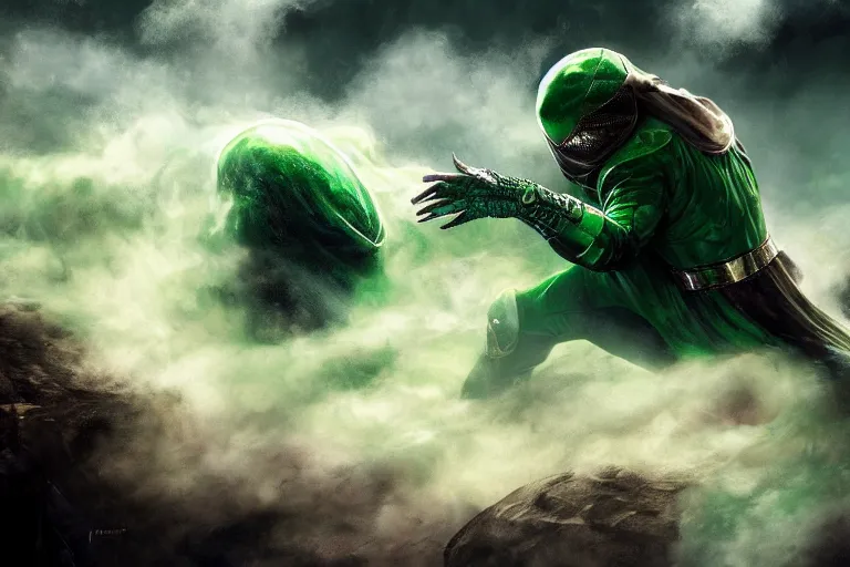 Image similar to Mysterio emerging from a cloud of green smoke, trending on Artstation, HD wallpaper, 4k, photorealistic, digital art, painted by Bayard Wu