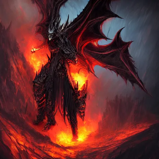 Image similar to dark fantasy concept of a vampire dragon god, with dark matter and molten armor on a mountain, cinematic, dynamic lighting, photorealistic, ultra detailed, trending on art station, stunning visuals, creative, hyper detailed