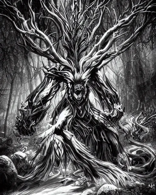 Image similar to A forest elemental, terrifying, black and white, fantasy art, monster art, in the style of masami kurumada, illustration, epic, fantasy, intricate, hyper detailed, artstation, concept art, smooth, sharp focus, ray tracing