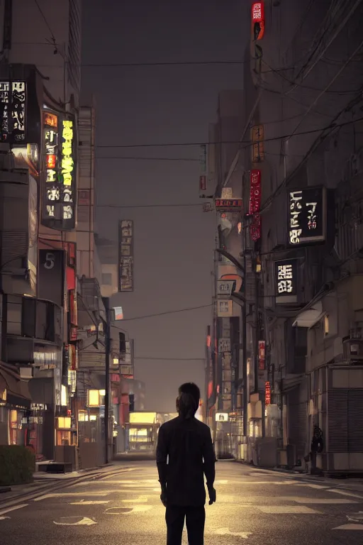 Image similar to a man standing in the middle of a tokyo street at night, a photorealistic painting by Gregory Crewdson, cgsociety, american scene painting, playstation 5 screenshot, matte painting, cryengine