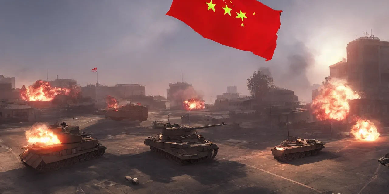 Image similar to tanks burning city, army, china, communist flag, volumetric lighting, unreal engine, realistic