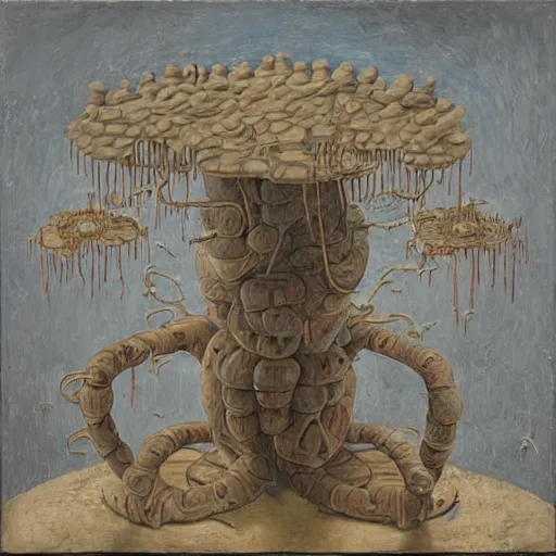 Image similar to a detailed, impasto painting by shaun tan and louise bourgeois of an abstract forgotten sculpture by ivan seal and the caretaker, weirdcore folk album cover