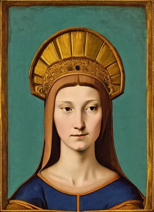 Image similar to portrait of young woman in renaissance dress and renaissance headdress, art by giotto