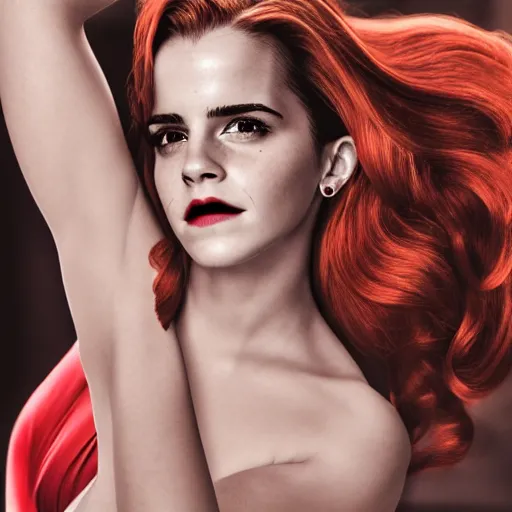 Image similar to Emma Watson as Jessica Rabbit, (Sony a7R IV, symmetric balance, polarizing filter, dynamic range, HDR, staggered depth)