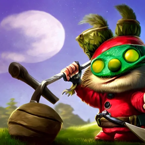 Image similar to still of Teemo from League of Legends in the style of Jim Henson, wearing goggles and wielding an axe