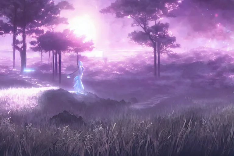 Image similar to scenery artwork, scene beautiful, light essence bioluminescent acrylic and cold nier automata pixiv scenery artwork : nature dream wire vegetation magic density infinite, hypersigil astrology macro seminal dream points of frozen imaginative vaporwave juice fluid dream scenery, high quality astral projection renders, nier automata, concept art