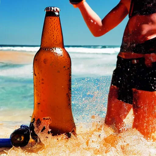 Image similar to a photo of a bottle of beer, product photo, splashes of liquid, beach background with young people having fun, energetic, delicate by marcel christ