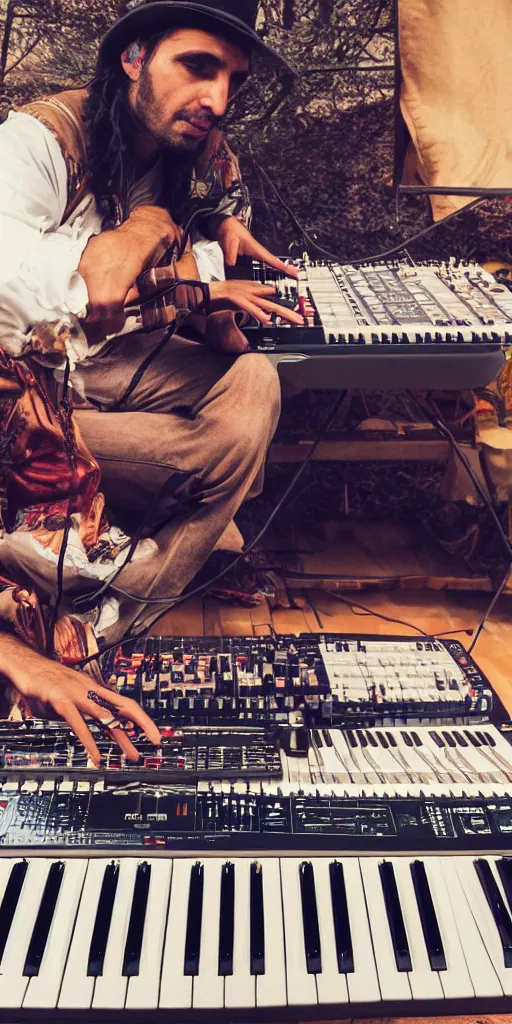 Prompt: photo of a gypsy musician playing electronic music on his Yamaha synthesizer, synthwave, expressive,