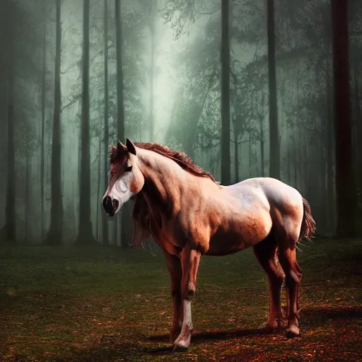 Image similar to centaur consisting of a horse and a human, featured on artstation, photograph captured in a dark forest