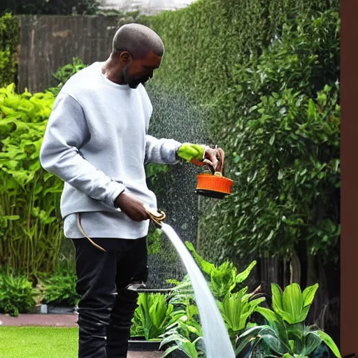 Image similar to Kanye West watering plants in a garden with a smile on his face, 8km, realistic, sharp, high details, detailed