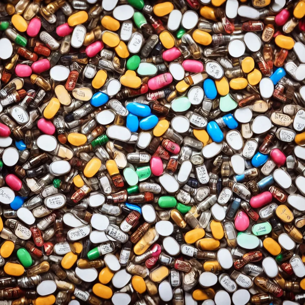 Prompt: close-up view of medicine pills on top of a wooden table, 8k, high detail, photorealistic, proper shading