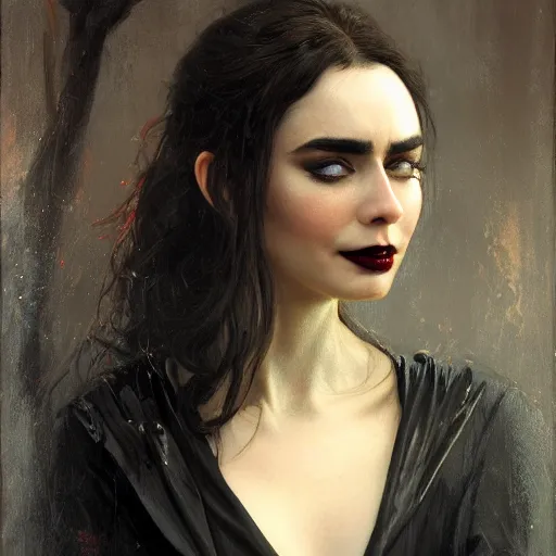 Image similar to detailed realistic cinematic wide shot of beautiful attractive lilly collins vampire woman wearing black bath robe slim face symettrical face clean skin black eyes black robe smooth, sharp focus, ultra realistic, spring light, painting by gaston bussiere, craig mullins, j. c. leyendecker