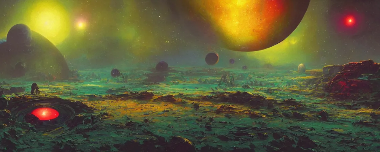 Prompt: ” outer planet made of jelly, [ art by paul lehr, cinematic, detailed, epic, widescreen, opening, establishing, mattepainting, photorealistic, realistic textures, octane render ] ”