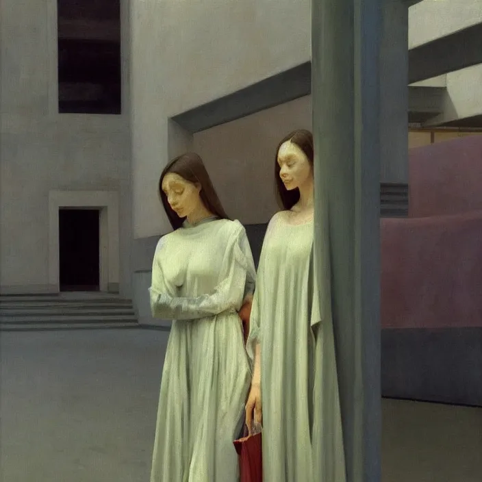 Prompt: woman in translucent robes, short skirt, in magnificent shopping mall, oil painting by edward hopper, zdislav beksinski, wayne barlowe