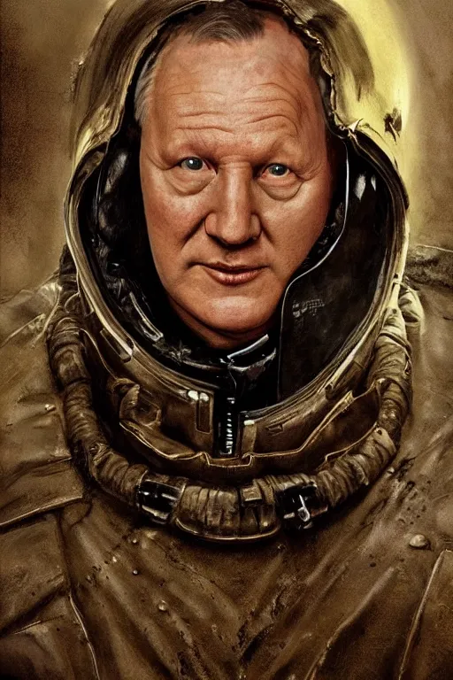 Image similar to upper body portrait of stellan skarsgård as evil, dark baron harkonnen, covered in oil, wearing old leather spacesuit, dystopian science fiction, illustration by norman rockwell, artstation character art, john william waterhouse, concept art, greg rutkowski