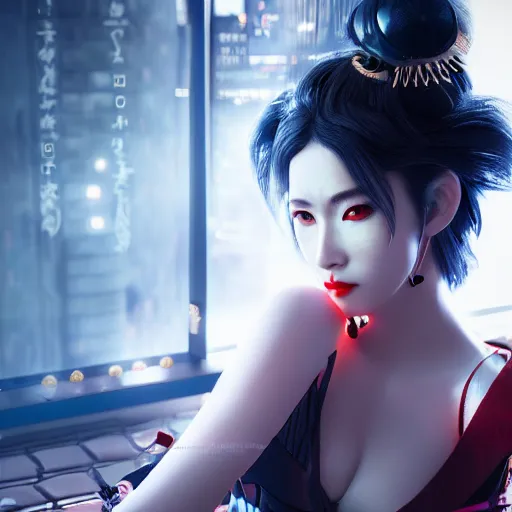 Image similar to !dream cyberpunk geisha, full body, cinematic lighting, beautiful face, ultra detail, ultra realistic, photo realistic, octane render,