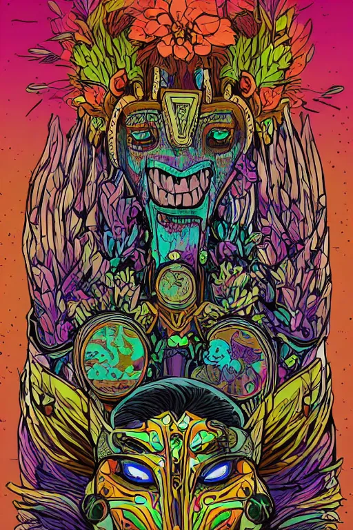 Image similar to animal mask totem roots flower tribal feather gemstone plant wood rock shaman vodoo video game vector cutout illustration vivid multicolor borderlands comics by josan gonzales and dan mumford radiating a glowing aura