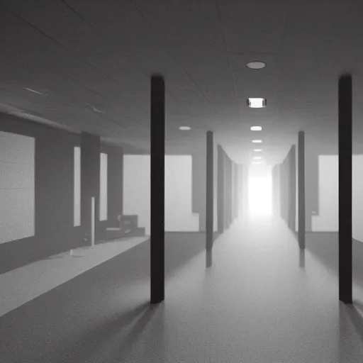 Prompt: the eerie halls of the scp foundation, unnerving mist, liminal, terrifying creatures lurking in the corner of your eye