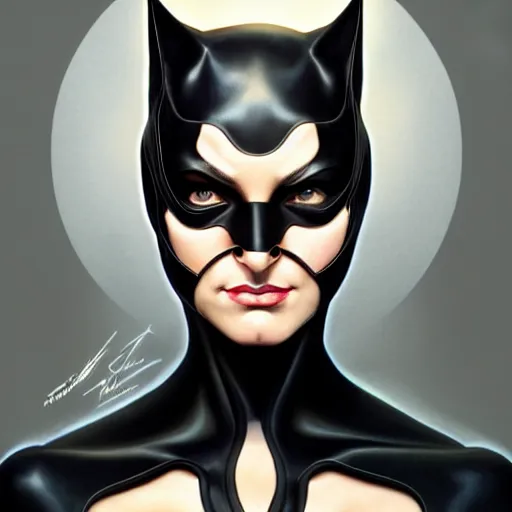 Image similar to symmetry!! front - faced portrait of catwoman, intricate, elegant, highly detailed, my rendition, digital painting, artstation, concept art, smooth, sharp focus, illustration, art by artgerm and greg rutkowski and alphonse mucha