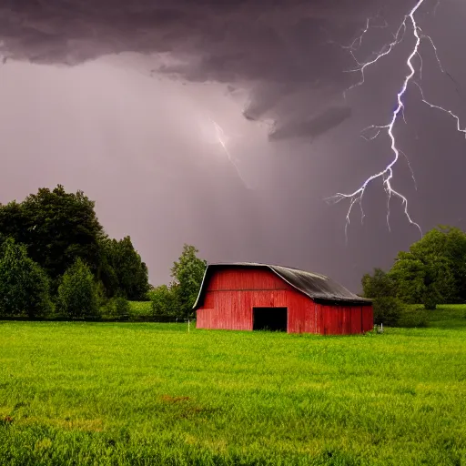 Image similar to A horrible thunderstorm overtop a field with a barn