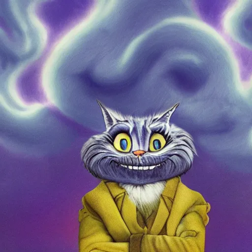 Image similar to the Cheshire cat smiling from a cloud he's sitting on in the sky high level of detail 8k style of LUKE BROWN