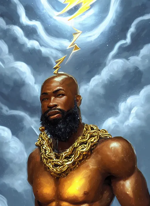 Image similar to a highly detailed illustration of bearded short haired fade african god of lightning, wearing gold chains on neck and arms, evil summoning lightning pose, moonlit clouds background, muscular, intricate, elegant, highly detailed, centered, digital painting, artstation, concept art, smooth, sharp focus, league of legends concept art, WLOP