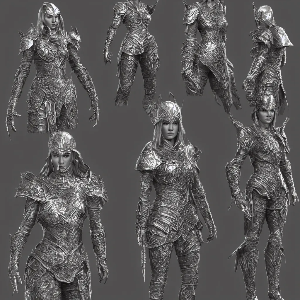 Image similar to concept layout of 3 d rendered suit of decorative female armor, filigree, lord of the rings, elder scrolls, detailed, art station, unreal engine