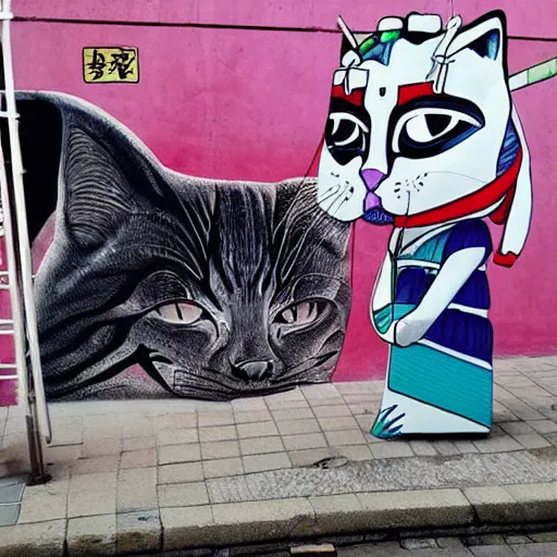 Prompt: samurai cat playing futuristic synth, street art