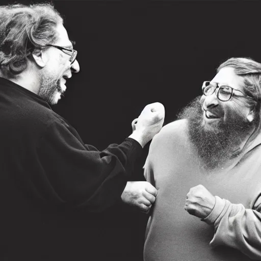 Prompt: photo of richard stallman punching bill gates, photography, realistic, realism