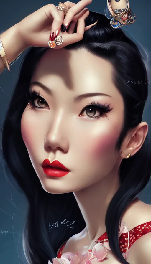 Image similar to a pin up and beautiful fashion and charming and dreamlke asian girl with lv jewelry, medium shot, art by artgerm & ross tran & wlop, hyperdetailed, 8 k realistic, symmetrical, frostbite 3 engine, cryengine, dof, trending on artstation, digital art