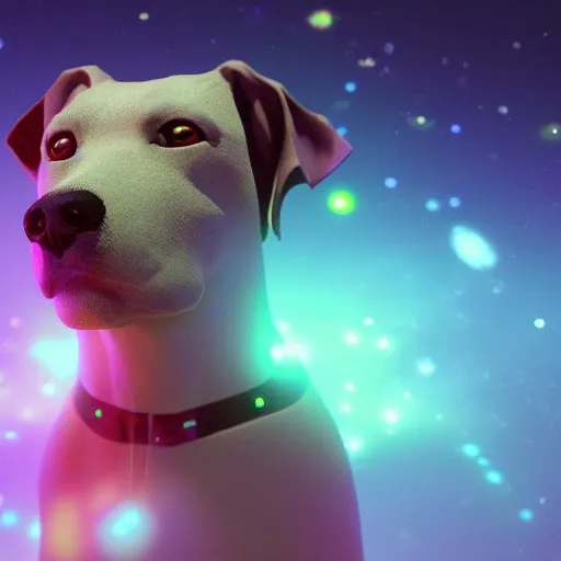 Image similar to render of dog at night, cosmic dog, galaxy coloured dog, rendered in unreal engine, artstation, colourful