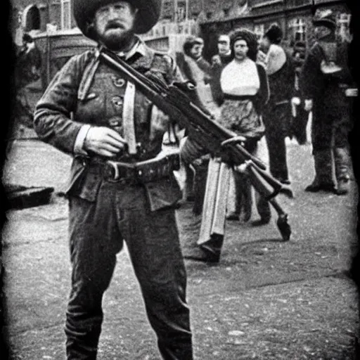 Image similar to leprechaun in the ira, historical photograph, restored, gun, irish, terrorism