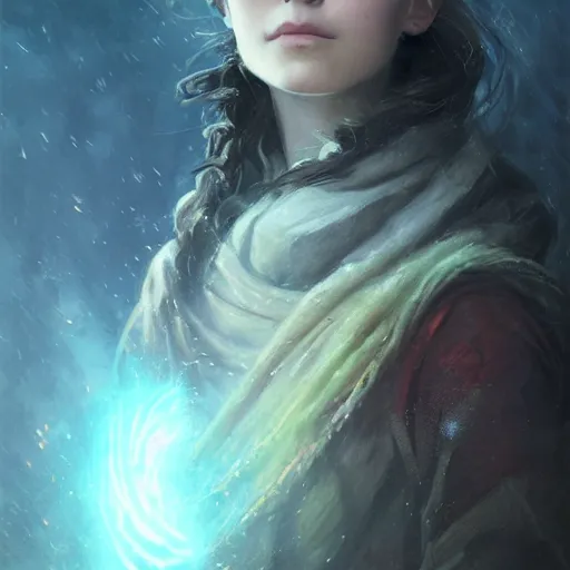 Image similar to portrait young woman with wavy brown hair with a scar across left eye is legendary, frostpunk, high detail, concept art, color, vivid color, floating particles, glowing green eyes, spiral smoke, background by john harris + andreas rocha, artwork by charlie bowater + artgerm + anato finnstark + ross tran