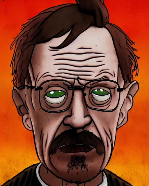 Prompt: portrait of walter white in the style of justin roiland. ugly, creepy, demonic, horror. cinematic lighting. style of rick & morty. photographic, photography. by justin roiland