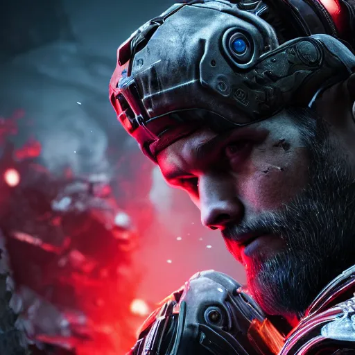 Image similar to Portrait of pewdiepie in Gears of War, splash art, movie still, cinematic lighting, dramatic, octane render, long lens, shallow depth of field, bokeh, anamorphic lens flare, 8k, hyper detailed, 35mm film grain