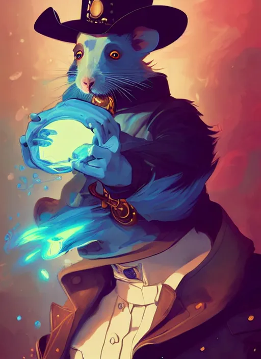 Image similar to style artgerm, joshua middleton, illustration, anthropomorphic hamster as cowboy steampunk aristocrat, blue fur, swirling water cosmos, fantasy, dnd, cinematic lighting, collectible card art