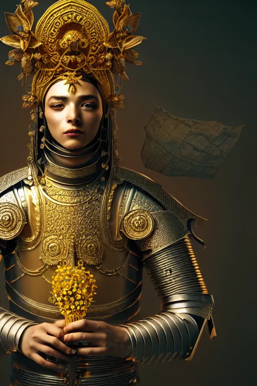 Image similar to hyperdetailed matte illustration of a knight wearing an ornate gold headpiece and holding a flower with a map of the collective subconscious in the background by octane render