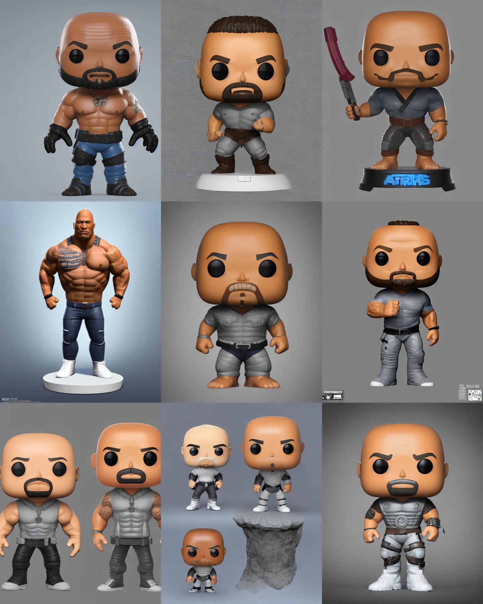 Prompt: full body 3 d render of ninja dwayne johnson as a funko pop!, studio lighting, grey background, single body, no shadow, blender, trending on artstation, 8 k, highly detailed