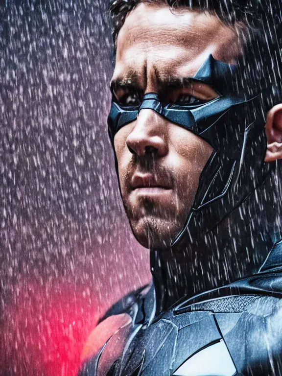 Image similar to film still, ryan reynolds as batman, mask down, hyperrealism, moody lighting, rain, intricate, 8 k