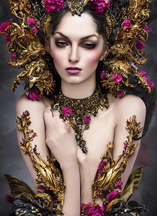 Image similar to expressive full body photo of a female model, ornate headpiece made from flowers, ornaments, glamour shot, by karol bak, by stefan gesell, photorealistic, canon r 3, fashion photography, hyper maximalist, elegant, ornate, luxury, elite, environmental portrait, symmetrical features, octane render, unreal engine, solid dark grey background, dramatic lights