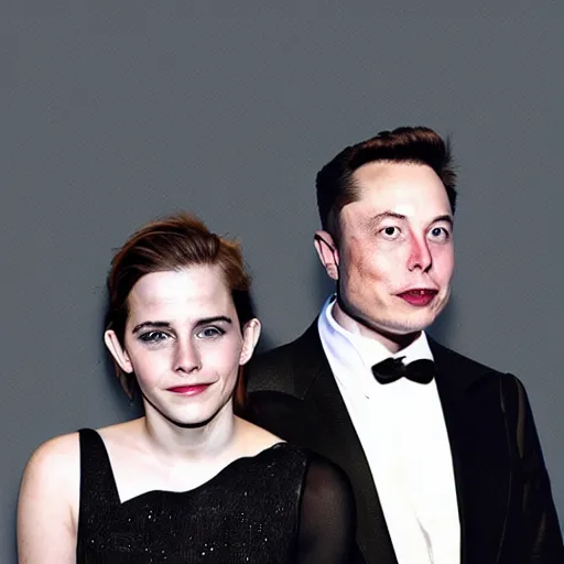 Prompt: elon musk and emma watson on a metal album cover