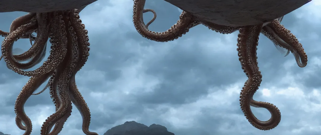 Prompt: a giant octopus tentacl hanging from the clouds over a rain forest, still from the movie the arrival, 8k