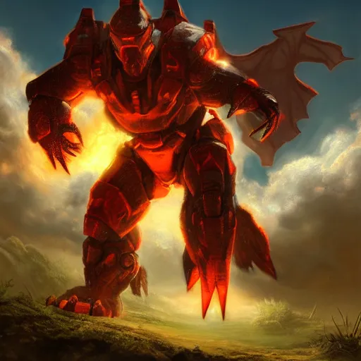 Prompt: beautiful realistic fantasy painting of groudon the pokemon fighting halo master chief volumetric lighting, trending on art station, polarizer filter t