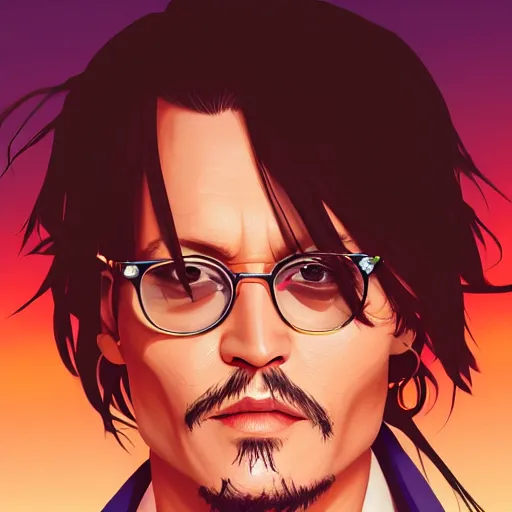 Image similar to portrait of Johnny depp, sunset background, rich vivid colors, ambient lighting, dynamic lighting, 4k, official media, anime key visual, makoto shinkai, ilya kuvshinov, lois van baarle, rossdraws, detailed, trending on artstation