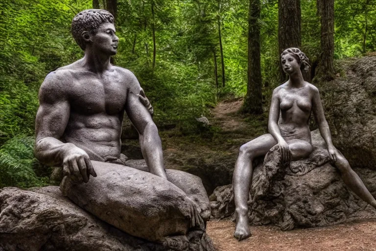 Image similar to high quality beauty statue sitting at the entrance of a huge cave in the middle of a forrest, highly detailed, cinematic smooth, stephen shore & john j. park, soft morning light, wide shot, high angle, uhd 8 k, deep focus