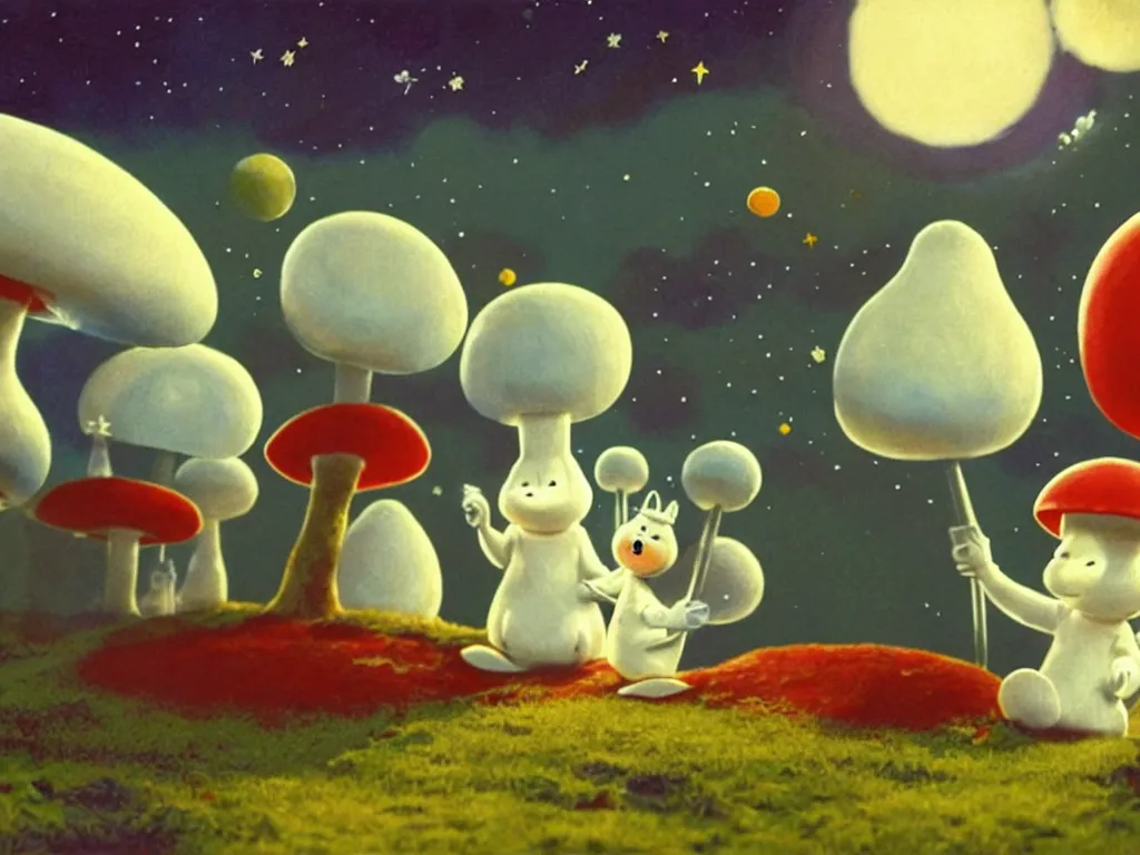 Image similar to moomins in space suits flying around with jetpacks discovering the mushroom planet, photorealistic painting, cgi, low volumetric light, movie still, very cute and cozy and fluffy and sweet