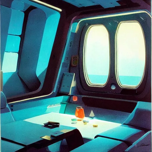 Image similar to Cozy interior of a spaceship, teal lighting, cozy lighting, space seen outside from a window, by Syd Mead, John Harris, Federico Pelat